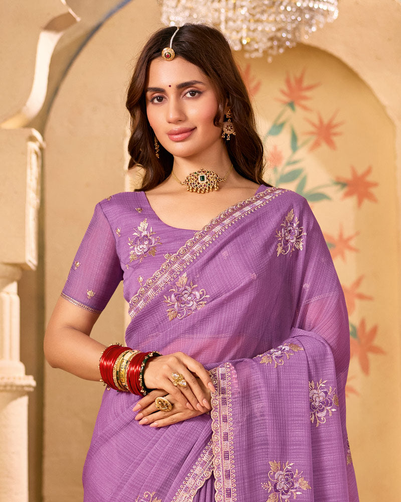 Mauve Designer Chiffon Saree With Zari-Resham-Embroidery Work And Cut Work Embroidery Border