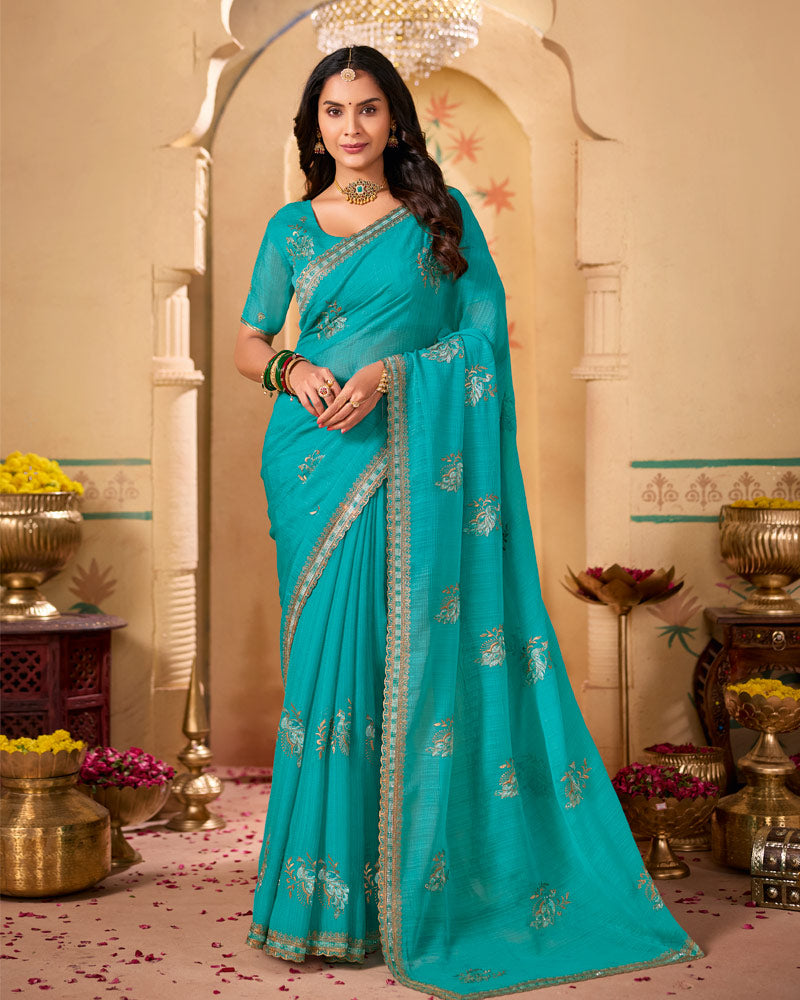 Bright Blue Designer Chiffon Saree With Zari-Resham-Embroidery Work And Cut Work Embroidery Border