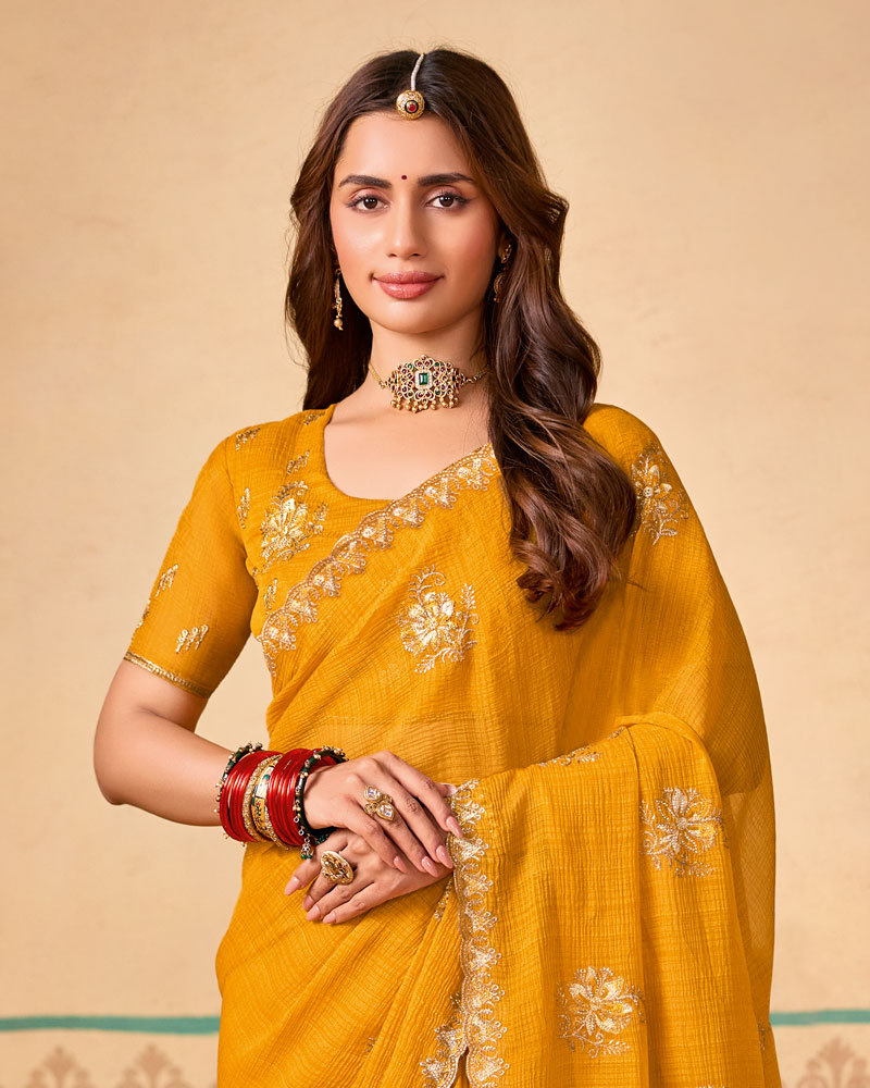 Mustard Designer Chiffon Saree With Zari-Resham-Embroidery Work And Cut Work Embroidery Border