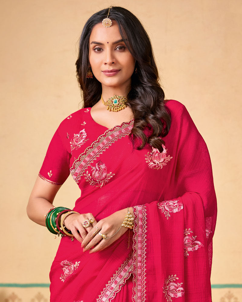 Deep Pink Designer Chiffon Saree With Zari-Resham-Embroidery Work And Cut Work Embroidery Border