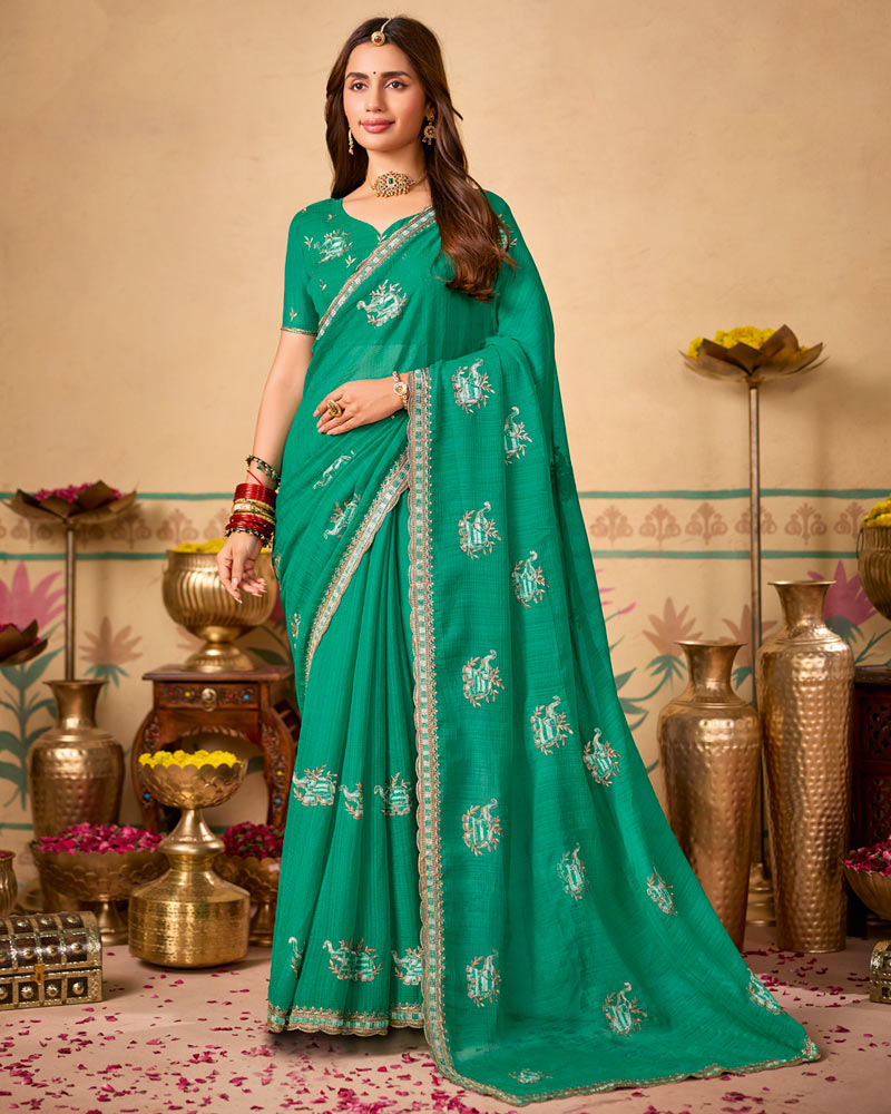 Teal Green Designer Chiffon Saree With Zari-Resham-Embroidery Work And Cut Work Embroidery Border