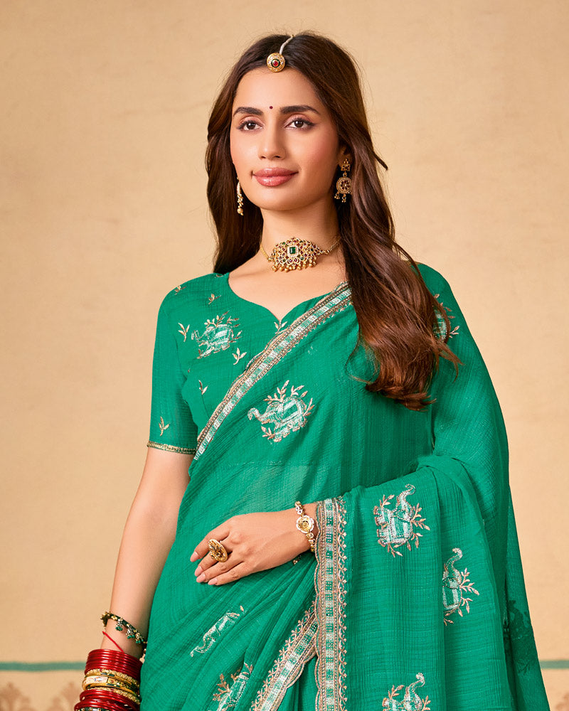 Teal Green Designer Chiffon Saree With Zari-Resham-Embroidery Work And Cut Work Embroidery Border