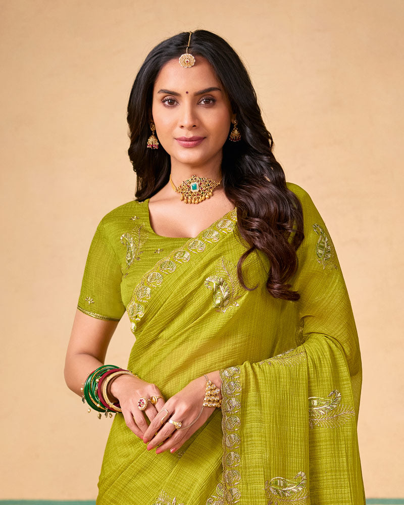 Pista Green Designer Chiffon Saree With Zari-Resham-Embroidery Work And Cut Work Embroidery Border