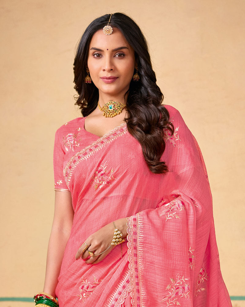 Fushia Pink Designer Chiffon Saree With Zari-Resham-Embroidery Work And Cut Work Embroidery Border
