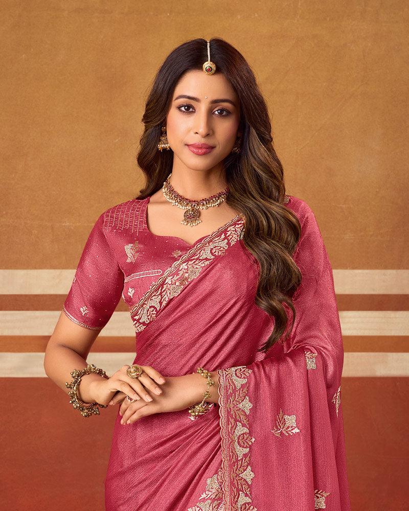 Deep Dusty Rose Designer Chiffon Saree With Zari-Embroidery-Diamond Work And Cut Work Fancy Border