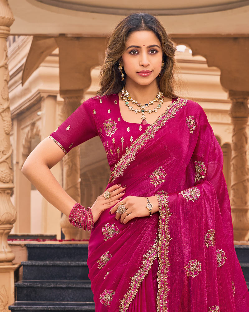 Magenta Pink Designer Fancy Chiffon Saree With Embroidery-Diamond Work And Cut Work Border