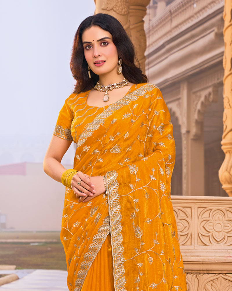 Pumpkin Orange Designer Fancy Chiffon Saree With Embroidery-Diamond Work And Cut Work Border