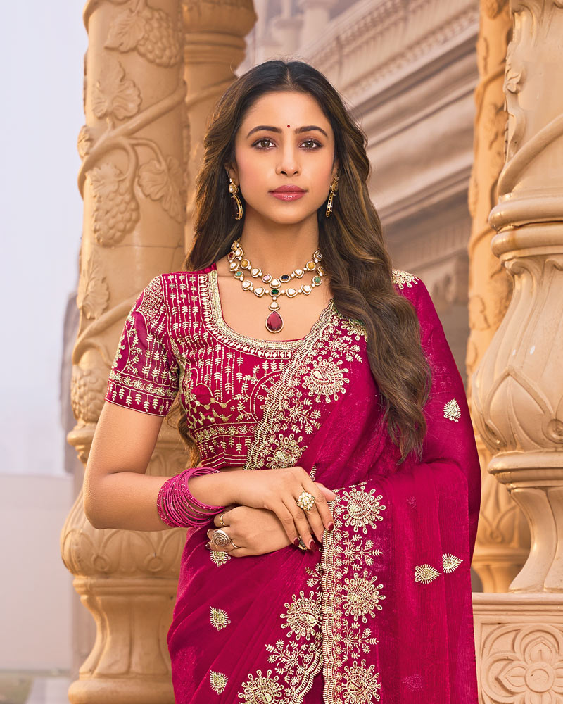 Berry Pink Designer Fancy Chiffon Saree With Embroidery-Diamond Work And Cut Work Border