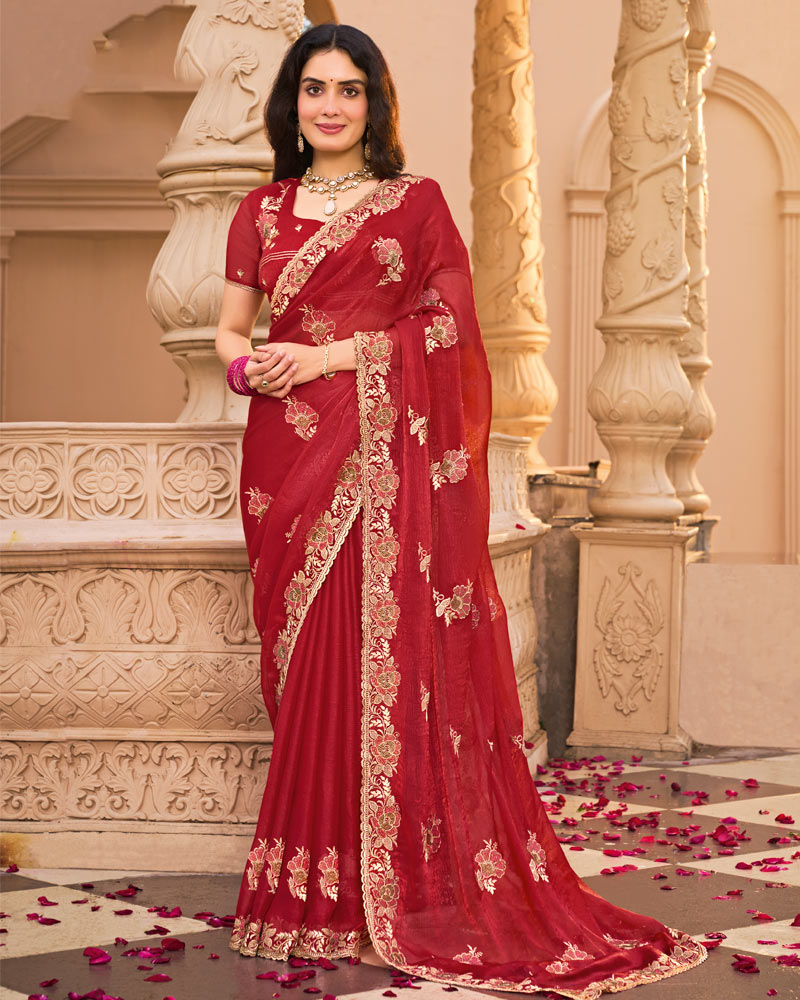 Maroon Red Designer Fancy Chiffon Saree With Embroidery-Diamond Work And Cut Work Border