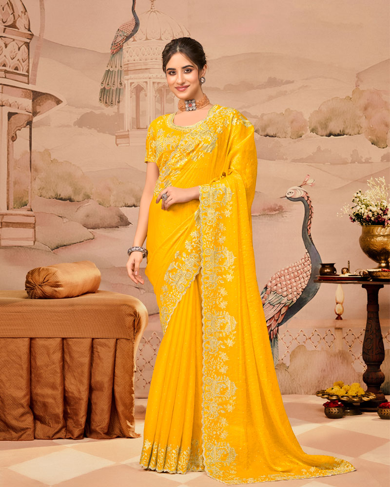 Sunrise Yellow Designer Fancy Satin Saree With Zari Embroidery-Diamond Work And Cut Work Border