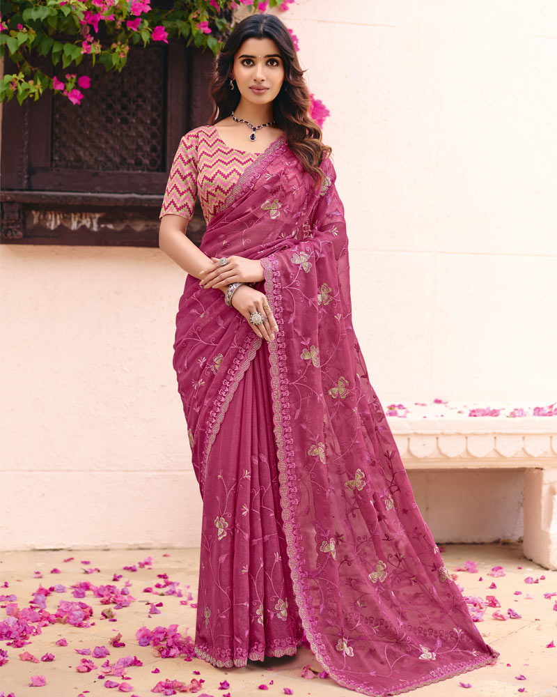 Light Maroon Designer Shimmer Chiffon Saree With Embroidery-Diamond Work And Cut Work Border