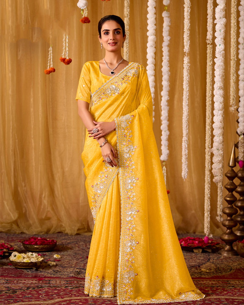 Indian Yellow Designer Gold Crush Saree With 4 Sequence Embroidery-Diamond Work And Cut Work Border