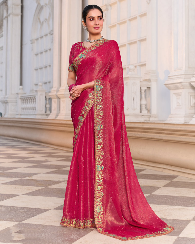 Bright Maroon Designer Fancy Chiffon Saree With Zari-Embroidery-Diamond Work And Cut Work Border