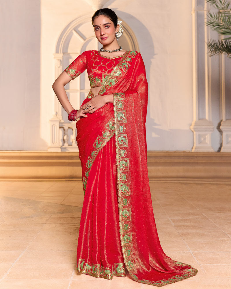 Lava Red Designer Fancy Chiffon Saree With Zari-Embroidery-Diamond Work And Cut Work Border
