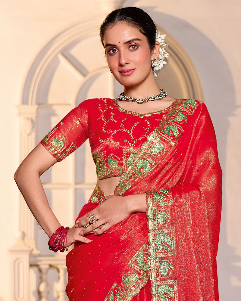 Lava Red Designer Fancy Chiffon Saree With Zari-Embroidery-Diamond Work And Cut Work Border