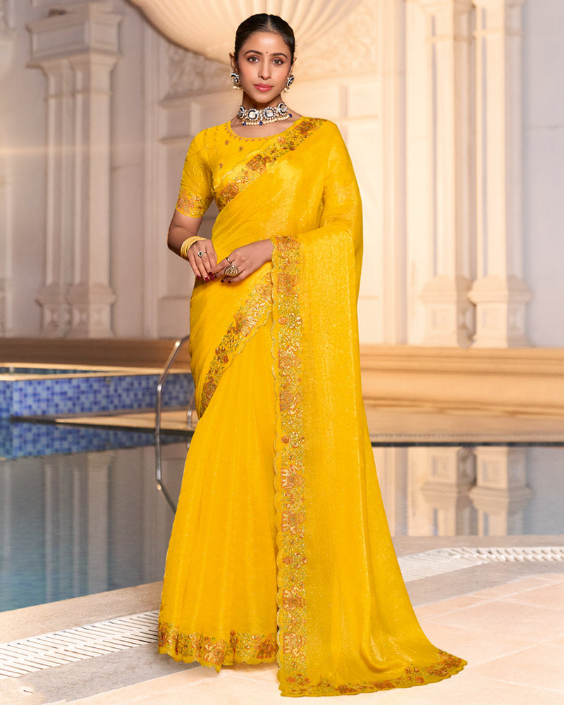 Bright Yellow Designer Fancy Chiffon Saree With Zari-Embroidery-Diamond Work And Cut Work Border