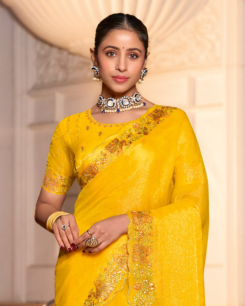 Bright Yellow Designer Fancy Chiffon Saree With Zari-Embroidery-Diamond Work And Cut Work Border