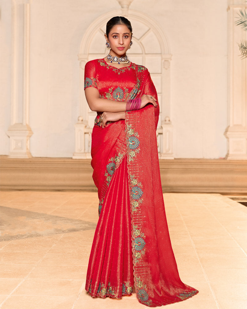 Cadmium Red Designer Fancy Chiffon Saree With Zari-Embroidery-Diamond Work And Cut Work Border