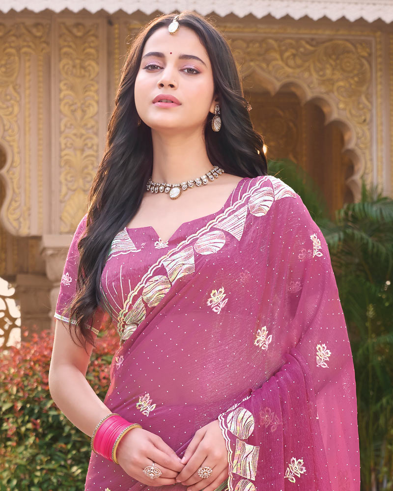 Tulip Pink Designer Shimmer Chiffon Saree With Embroidery-Diamond Work And Cut Work Border