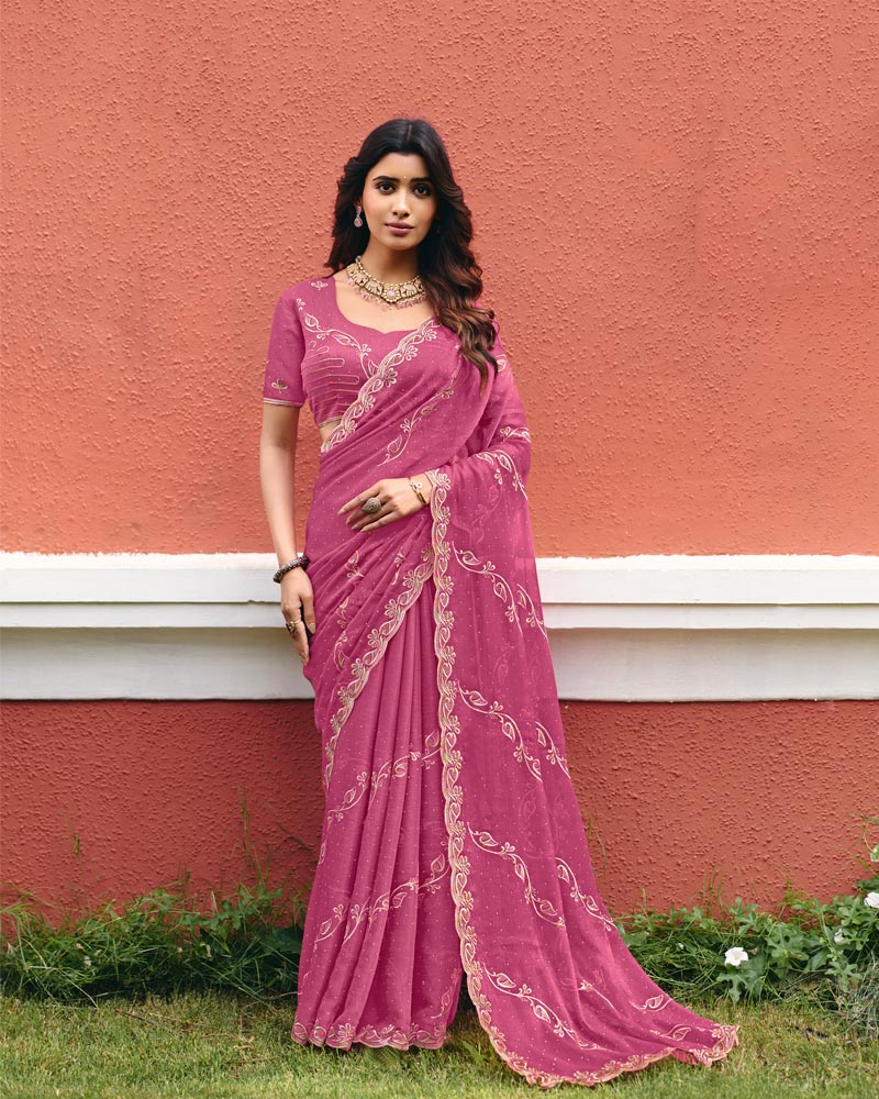 Dark Mauve Designer Shimmer Chiffon Saree With Embroidery-Diamond Work And Cut Work Border