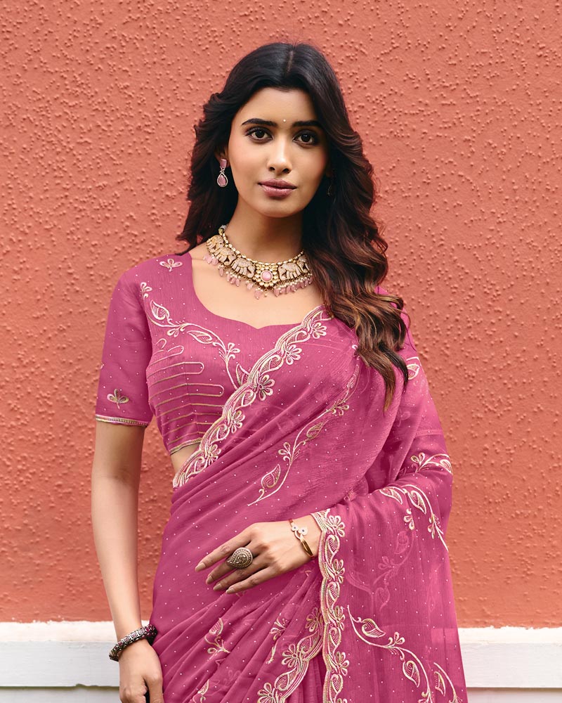 Dark Mauve Designer Shimmer Chiffon Saree With Embroidery-Diamond Work And Cut Work Border