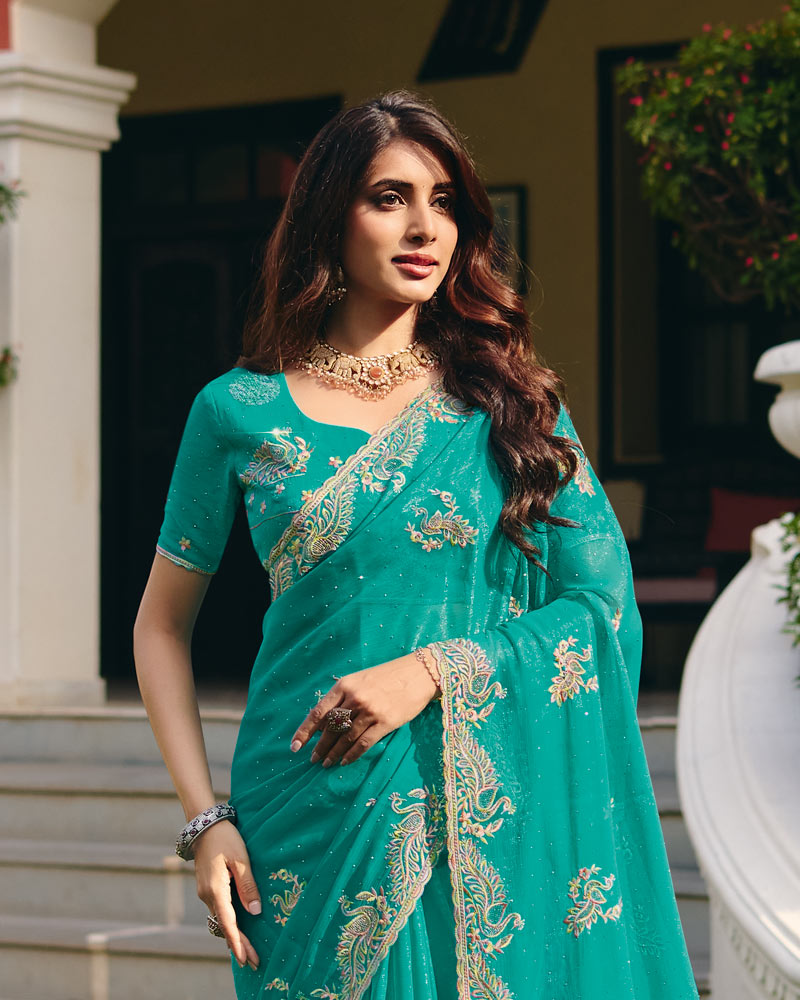 Light Sea Green Designer Shimmer Chiffon Saree With Embroidery-Diamond Work And Cut Work Border
