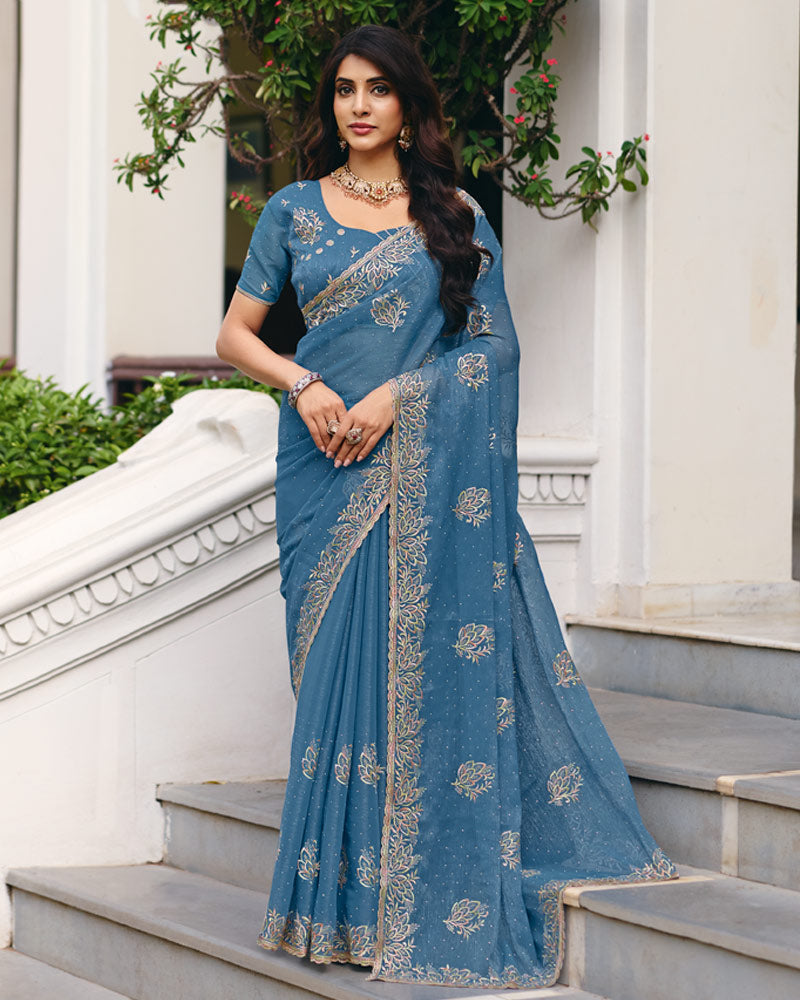 Kashmir Blue Designer Shimmer Chiffon Saree With Embroidery-Diamond Work And Cut Work Border