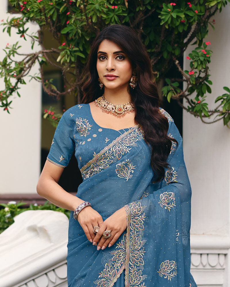 Kashmir Blue Designer Shimmer Chiffon Saree With Embroidery-Diamond Work And Cut Work Border
