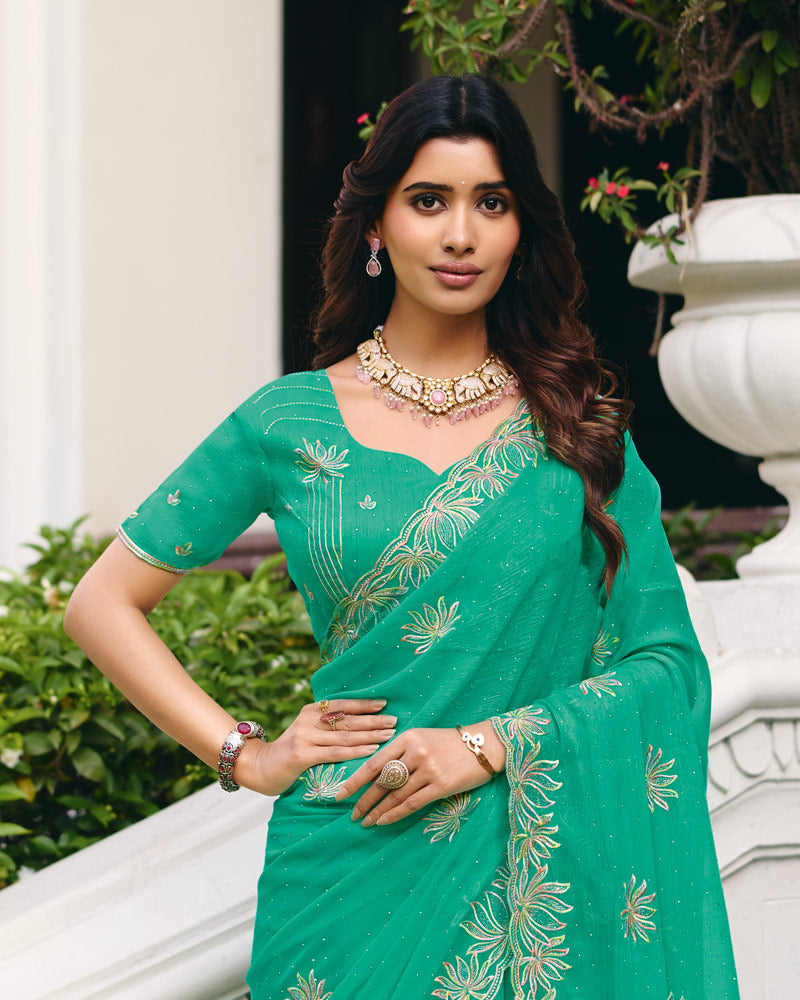 Sea Green Designer Shimmer Chiffon Saree With Embroidery-Diamond Work And Cut Work Border