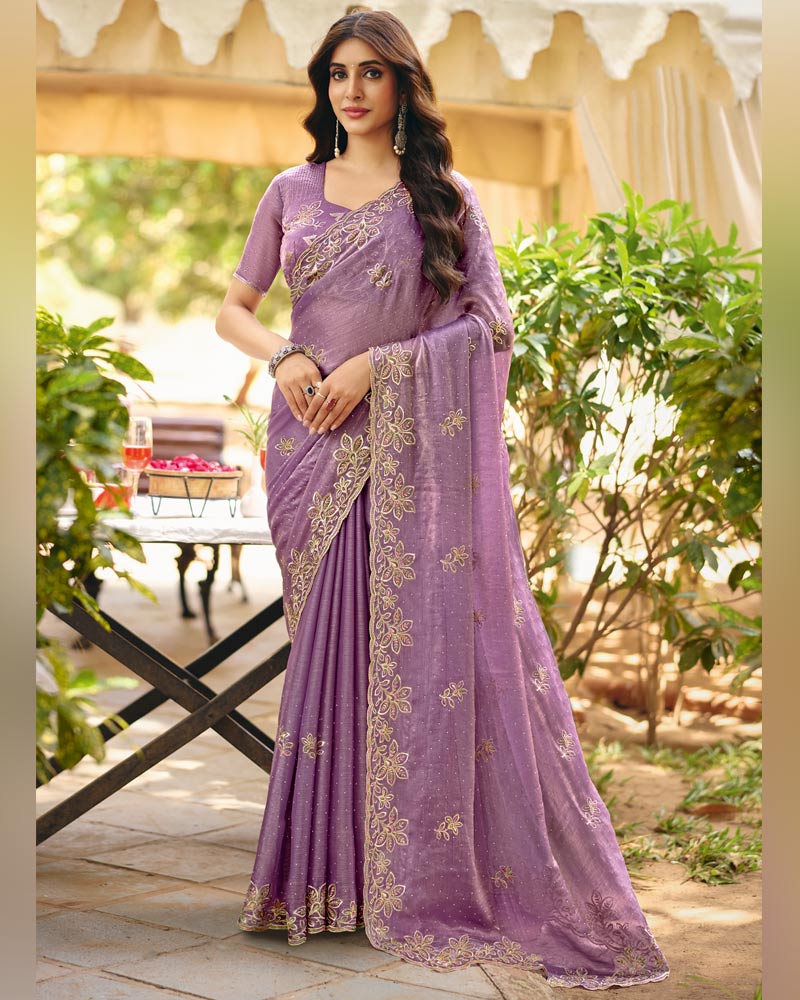 Dusty Lavender Designer Fancy Chiffon Saree With Multi-Embroidery-Diamond Work And Cut Work Border