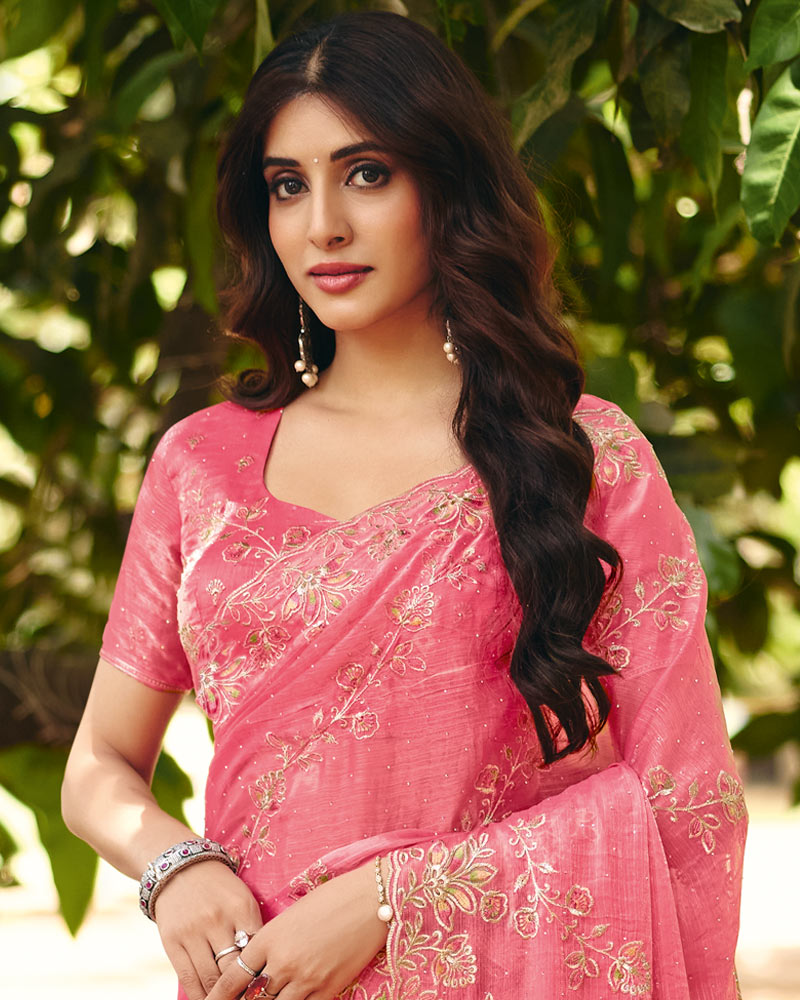 Watermelon Pink Designer Fancy Chiffon Saree With Multi-Embroidery-Diamond Work And Cut Work Border