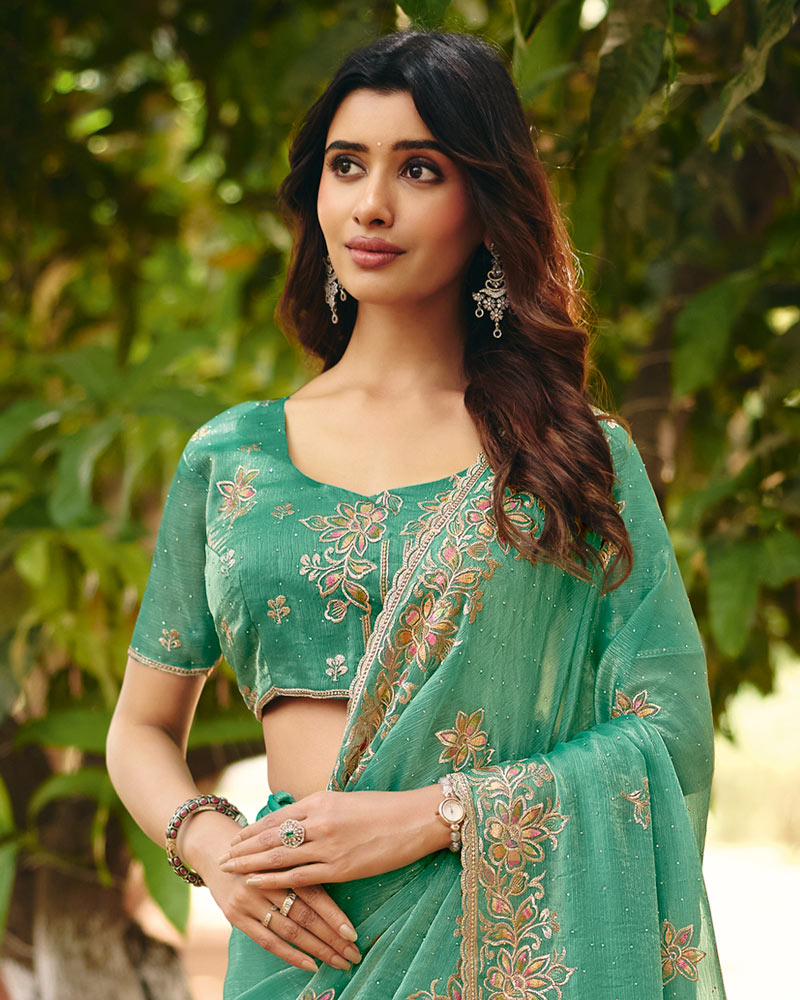 Light Sea Green Designer Fancy Chiffon Saree With Multi-Embroidery-Diamond Work And Cut Work Border