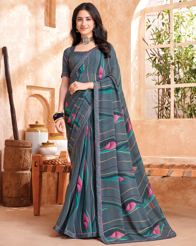 Vishal Prints Oslo Grey Printed Georgette Saree With Fancy Border