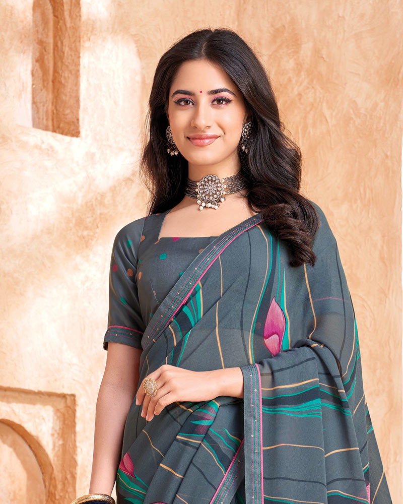 Vishal Prints Oslo Grey Printed Georgette Saree With Fancy Border