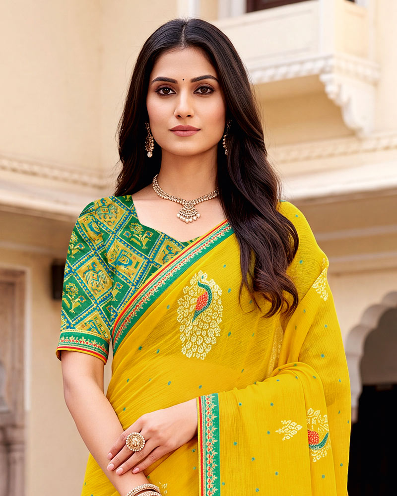 Vishal Prints Golden Yellow Designer Printed Chiffon Saree With Foil Print And Fancy Embroidery Border
