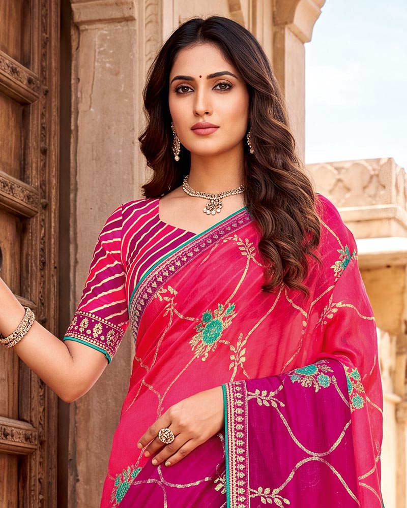 Vishal Prints Pinkish Red Designer Printed Chiffon Saree With Foil Print And Fancy Embroidery Border