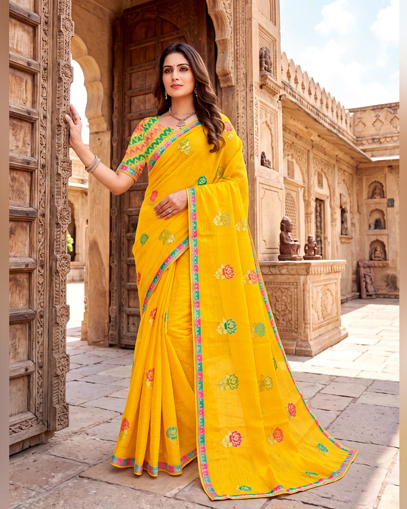 Vishal Prints Golden Yellow Designer Printed Chiffon Saree With Foil Print And Fancy Embroidery Border