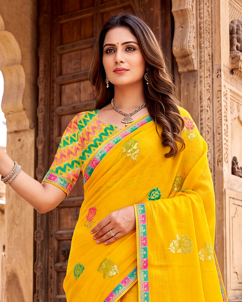 Vishal Prints Golden Yellow Designer Printed Chiffon Saree With Foil Print And Fancy Embroidery Border