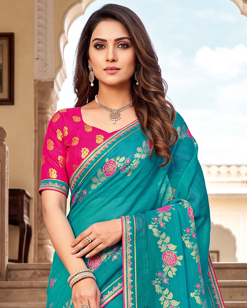 Vishal Prints Pacific Blue Designer Printed Chiffon Saree With Foil Print And Fancy Embroidery Border
