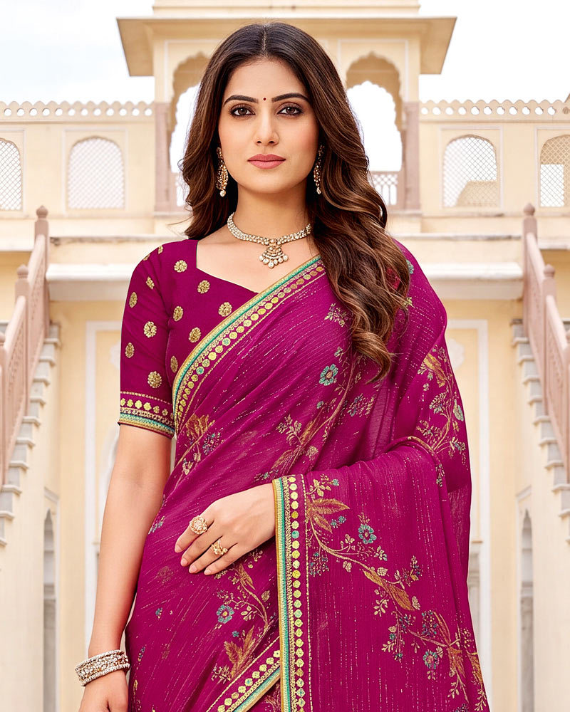 Vishal Prints Purplish Red Designer Printed Chiffon Saree With Foil Print And Fancy Embroidery Border
