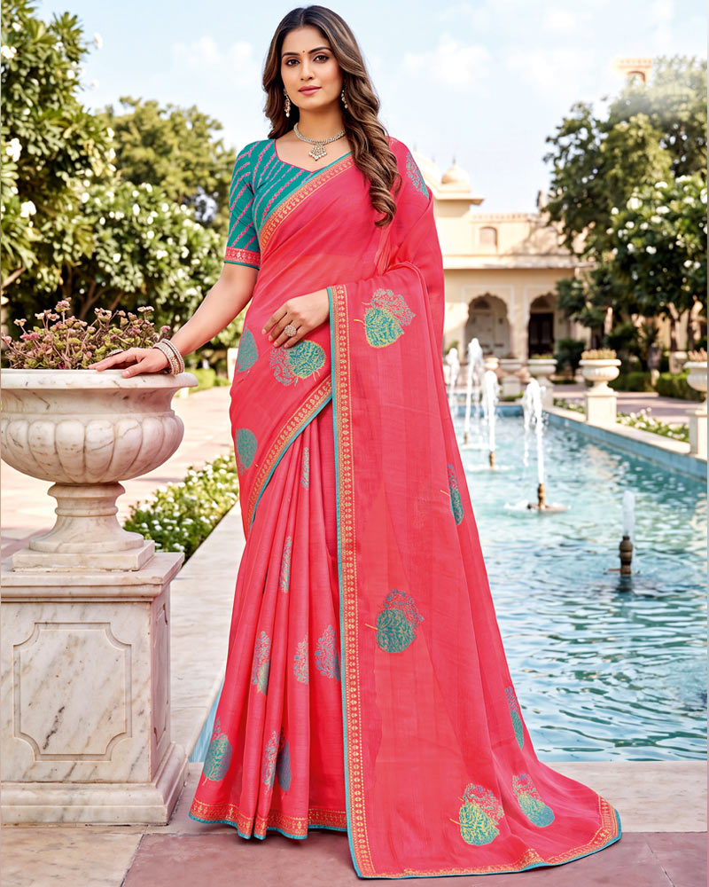 Vishal Prints Watermelon Pink Designer Printed Chiffon Saree With Foil Print And Fancy Embroidery Border