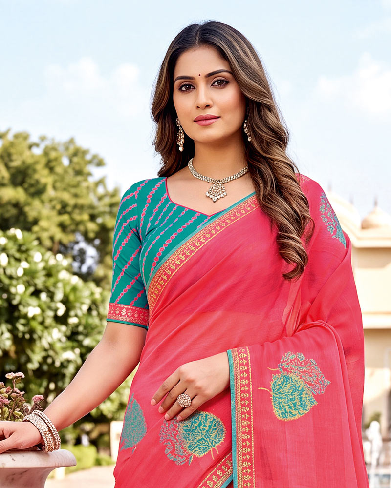 Vishal Prints Watermelon Pink Designer Printed Chiffon Saree With Foil Print And Fancy Embroidery Border