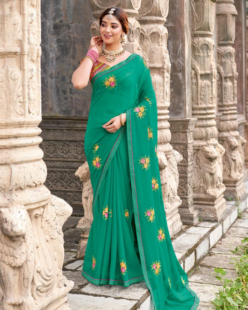 Vishal Prints Persian Green Designer Chiffon Saree With Embroidery-Diamond Work And Fancy Border