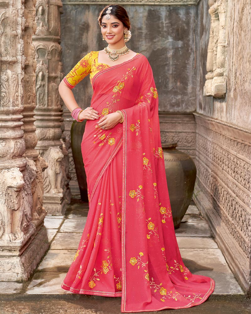 Vishal Prints Watermelon Pink Designer Chiffon Saree With Embroidery-Diamond Work And Fancy Border