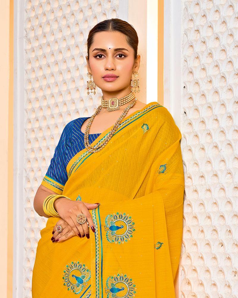 Vishal Prints Golden Yellow Designer Fancy Chiffon Saree With Embroidery-Diamond Work And Border