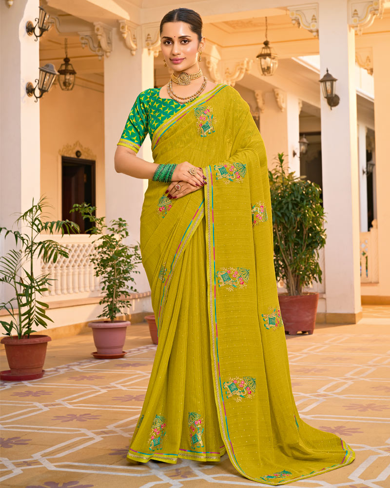 Vishal Prints Yellow Ochre Designer Fancy Chiffon Saree With Embroidery-Diamond Work And Border