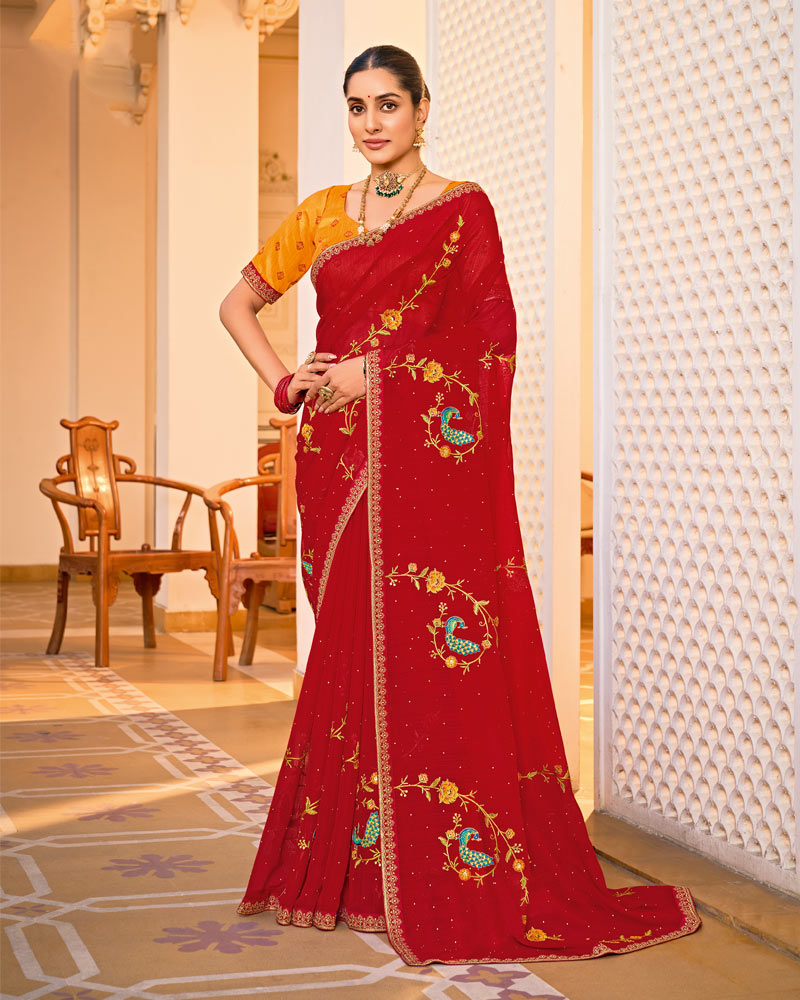 Vishal Prints Chili Red Designer Fancy Chiffon Saree With Embroidery-Diamond Work And Border