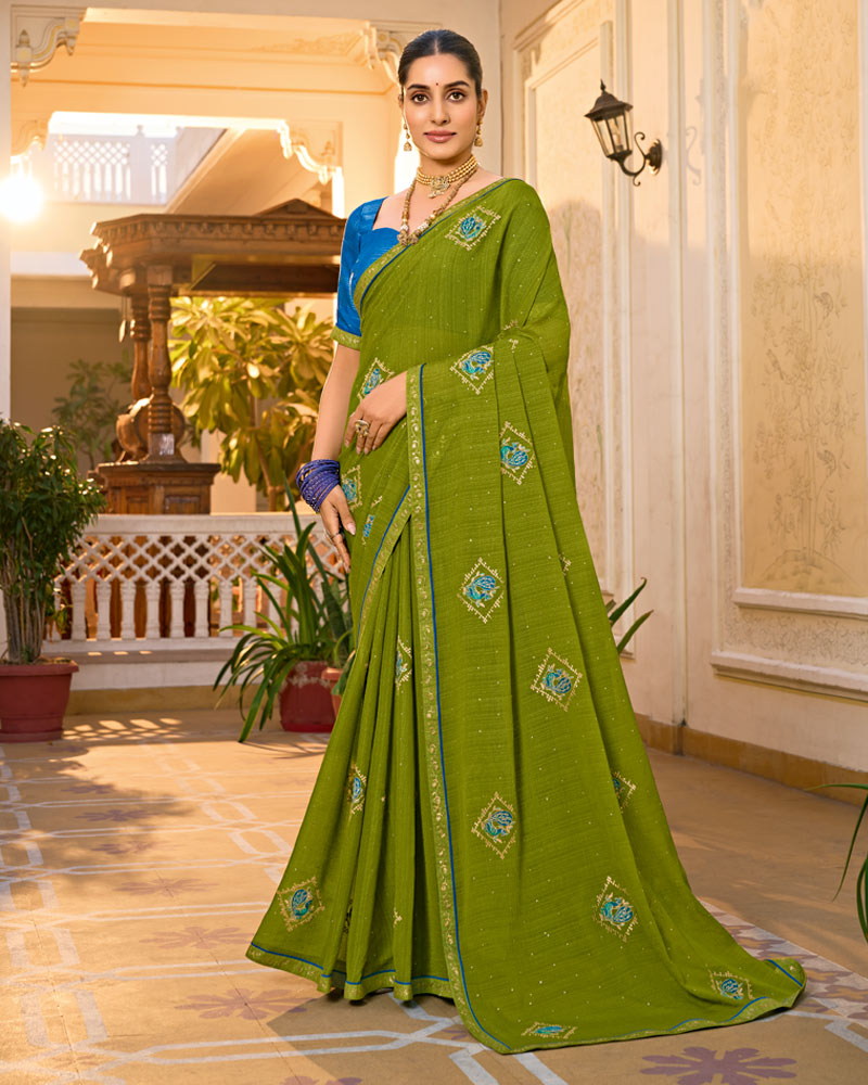 Vishal Prints Mehandi Green Designer Fancy Chiffon Saree With Embroidery-Diamond Work And Border