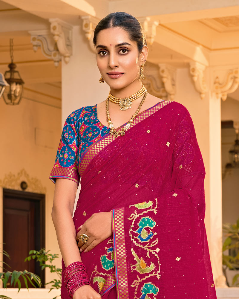 Vishal Prints Red Purple Designer Fancy Chiffon Saree With Embroidery-Diamond Work And Border