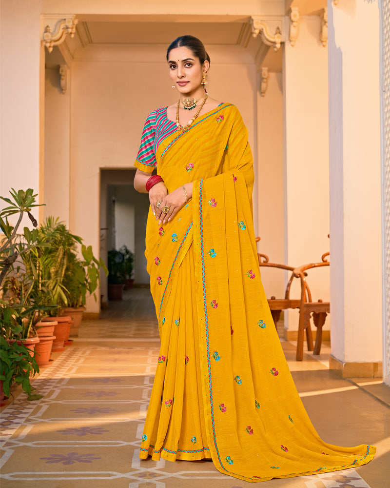 Vishal Prints Dark Chrome Yellow Designer Fancy Chiffon Saree With Embroidery-Diamond Work And Border
